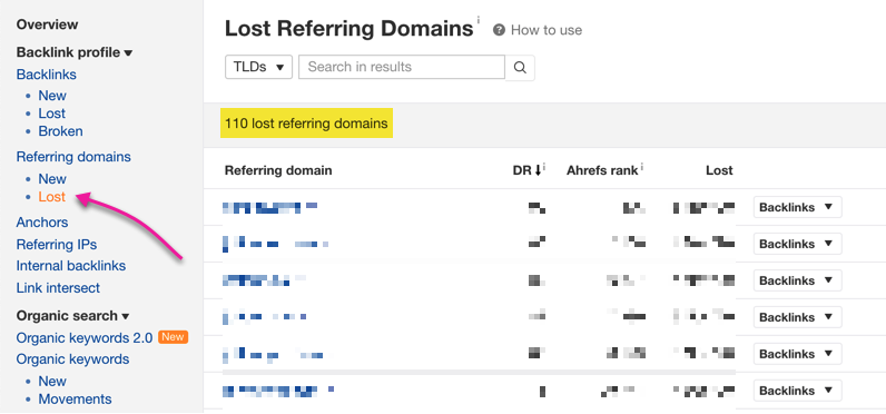 ahrefs lost referring domains